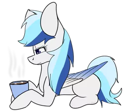 Size: 853x769 | Tagged: safe, artist:fizzy2014, derpibooru import, oc, oc:silver skies, unofficial characters only, pegasus, pony, coffee, female, food, mare, marshmallow, prone, simple background, solo, transparent background, up