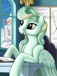 Size: 2262x3010 | Tagged: safe, artist:pony-way, derpibooru import, vapor trail, pegasus, pony, top bolt, cloud, desk, female, mare, mouth hold, pencil, solo, window