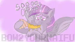 Size: 1024x576 | Tagged: safe, artist:bow2yourwaifu, derpibooru import, twilight sparkle, twilight sparkle (alicorn), alicorn, pony, abstract background, eating, food, obtrusive watermark, out of character, quesadilla, solo, they're just so cheesy, watermark