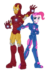 Size: 2798x4140 | Tagged: safe, artist:edcom02, artist:jmkplover, derpibooru import, pinkie pie, human, equestria girls, absurd resolution, angry, armor, crossover, duo, faic, gritted teeth, iron man, marvel, superhero, tony stark