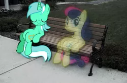 Size: 800x527 | Tagged: safe, artist:ryuuichi-shasame, artist:stinkehund, artist:tamalesyatole, artist:zomgmad, derpibooru import, bon bon, lyra heartstrings, sweetie drops, ghost, ghost pony, bench, eyes closed, image, implied death, irl, park, photo, png, ponies in real life, sad, sidewalk, sitting, ucu, vector