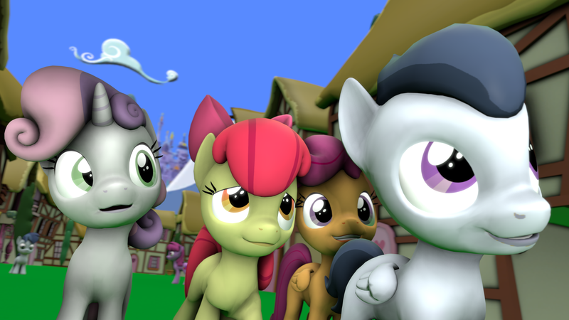 Size: 3840x2160 | Tagged: 3d, apple bloom, artist:viranimation, berry punch, berryshine, cutie mark crusaders, derpibooru import, ponyville, rumble, safe, scootaloo, shady daze, source filmmaker, street, sweetie belle