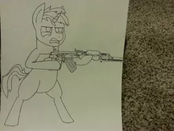 Size: 3264x2448 | Tagged: safe, artist:unreliable narrator, derpibooru import, oc, unofficial characters only, pony, unicorn, bipedal, gun, rpk, solo, traditional art, weapon