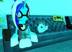 Size: 808x588 | Tagged: safe, derpibooru import, screencap, oc, oc:breezy, unofficial characters only, pony, unicorn, 3d, boombox, clothes, couch, female, glasses, gmod, goggles, headphones, hoodie, mare, prone, smiling, wat