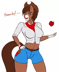 Size: 2800x3400 | Tagged: suggestive, artist:askquickbullet, derpibooru import, oc, oc:autumn harvest, unofficial characters only, anthro, earth pony, anthro oc, apple, clothes, cowboy hat, female, food, hand on hip, hat, looking at you, open mouth, requested art, simple background, smiling, solo, solo female, stetson, white background