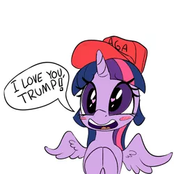 Size: 1000x1000 | Tagged: safe, artist:coinpo, derpibooru import, edit, twilight sparkle, twilight sparkle (alicorn), alicorn, pony, blush sticker, blushing, conservative, cute, donald trump, hat, heart eyes, make america great again, mouthpiece, oh boy here we go, op started shit, open mouth, politics, republican, simple background, smiling, solo, spread wings, twiabetes, white background, wingding eyes