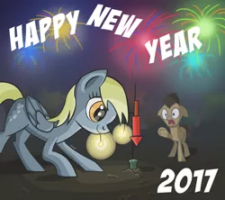 Size: 2699x2400 | Tagged: safe, artist:helmie-art, derpibooru import, derpy hooves, doctor whooves, time turner, pegasus, pony, 2017, female, fireworks, happy new year, happy new year 2017, mare, this will end in tears