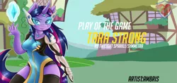 Size: 1700x800 | Tagged: anthro, artist:ambris, crossover, cutie mark, derpibooru import, overwatch, play of the game, safe, solo, symmetra, symmetwi, tara strong, twilight sparkle