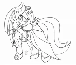 Size: 2230x1913 | Tagged: safe, artist:dimvitrarius, derpibooru import, minuette, pony, unicorn, bow, clothes, dress, horn ring, looking at you, monochrome, raised hoof, simple background, smiling, solo, tail bow, veil, white background
