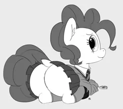Size: 1280x1132 | Tagged: artist:pabbley, balloonbutt, bottomless, clothes, costume, cute, derpibooru import, dock, female, grayscale, harry potter, hermione granger, looking back, mary janes, monochrome, partial nudity, pinkie pie, pleated skirt, plot, prone, school uniform, shoes, skirt, skirt lift, socks, solo, solo female, suggestive