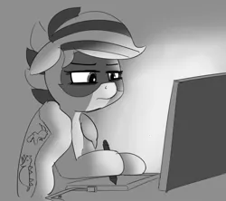 Size: 1280x1137 | Tagged: artist:pabbley, blanket, computer, derpibooru import, drawing, gradient background, grayscale, monochrome, oc, oc:bandy cyoot, raccoon pony, safe, solo, tablet, tired, unofficial characters only