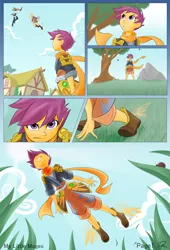 Size: 1763x2588 | Tagged: artist:didj, clothes, comic, derpibooru import, derpy hooves, flying, human, humanized, my little mages, part of a series, part of a set, pony coloring, ponyville, rainbow dash, safe, scootaloo