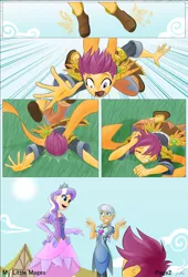 Size: 1762x2588 | Tagged: artist:didj, clothes, comic, derpibooru import, diamond tiara, dress, faceplant, falling, human, humanized, mocking, my little mages, safe, scootaloo, silver spoon, teasing