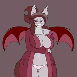 Size: 1404x1409 | Tagged: suggestive, derpibooru import, oc, oc:scarlet quill, unofficial characters only, anthro, bat pony, absolute cleavage, anthro oc, arm under breasts, bedroom, belly button, big breasts, breasts, cinnamon stick, cleavage, clothes, commission, cup, eggnog, fangs, female, food, glasses, hair bun, holding, mug, open clothes, panties, pink underwear, red eyes, robe, slit eyes, smiling, solo, solo female, spread wings, underass, underwear, whipped cream, wide hips, wife