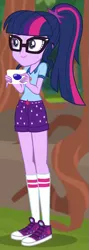 Size: 275x772 | Tagged: safe, derpibooru import, screencap, sci-twi, twilight sparkle, equestria girls, legend of everfree, clothes, converse, cropped, glasses, legs, scenery, shoes, shorts, smiling, sneakers, socks, solo