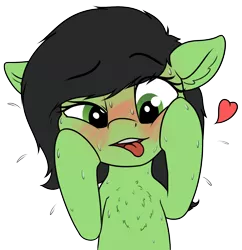 Size: 1380x1424 | Tagged: suggestive, artist:smoldix, derpibooru import, oc, oc:anonfilly, unofficial characters only, earth pony, pony, ahegao, blushing, blushing profusely, bust, chest fluff, female, filly, heart, lidded eyes, open mouth, simple background, solo, solo female, sweat, sweatdrop, sweatdrops, tongue out, transparent background