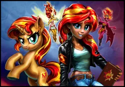 Size: 1556x1080 | Tagged: safe, artist:harwick, derpibooru import, sunset shimmer, pony, equestria girls, angry, belly button, clothes, cute, daydream shimmer, face paint, floating, jacket, journal, leather jacket, looking at you, midriff, open mouth, pants, revised, self paradox, self ponidox, solo, sunset satan, sunset's conscience