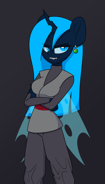 Size: 720x1251 | Tagged: anthro, artist:sweetfilthyfun, blue changeling, changeling, changeling oc, changeling queen, changeling queen oc, crossed arms, derpibooru import, dragon ball super, ear piercing, earring, female, goku black, gray background, jewelry, looking at you, oc, oc:mellatune, piercing, safe, simple background, slit eyes, smirk, solo, unofficial characters only