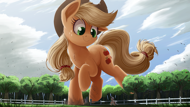 Size: 3000x1688 | Tagged: safe, artist:ncmares, derpibooru import, applejack, mayor mare, pony, apple tree, big-apple-pony, butt freckles, chest fluff, cute, female, giant pony, giantess, jackabetes, macro, scenery, smiling, sweet apple acres, tree, wide eyes