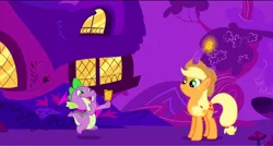 Size: 1360x730 | Tagged: safe, derpibooru import, screencap, applejack, spike, dragon, earth pony, pony, the ticket master, applejack levitating, duo, faic, freckles, gala ticket, golden oaks library, golden ticket, grand galloping gala, hat, levitation, magic, night, telekinesis, ticket