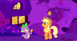 Size: 1360x730 | Tagged: safe, derpibooru import, screencap, applejack, spike, dragon, earth pony, pony, the ticket master, applejack levitating, duo, gala ticket, golden oaks library, golden ticket, levitation, magic, night, telekinesis, ticket