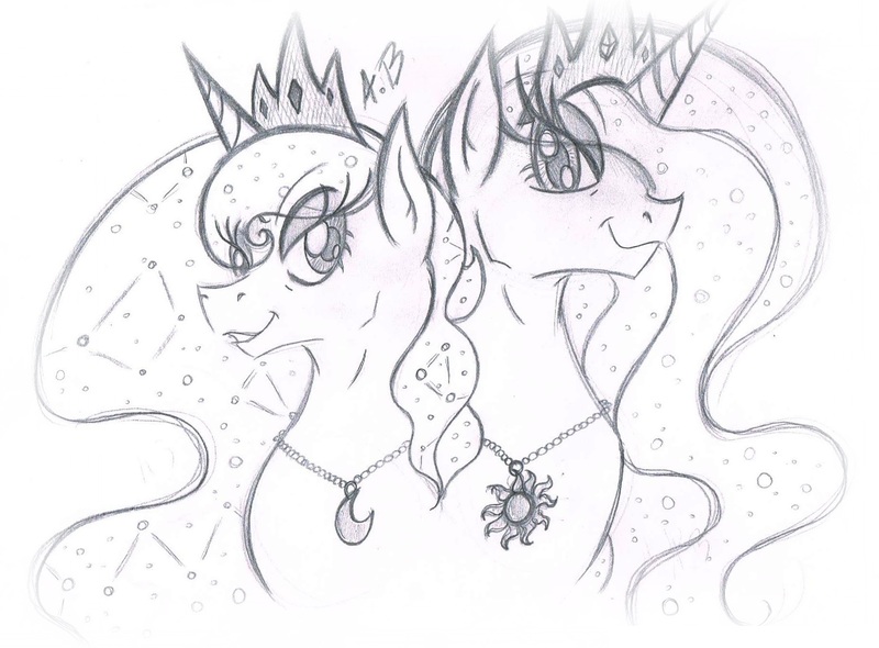 Size: 1859x1371 | Tagged: :3, artist:rossmaniteanzu, derpibooru import, eyeshadow, grin, jewelry, lidded eyes, looking at you, makeup, monochrome, necklace, princess celestia, princess luna, royal sisters, safe, simple background, sisters, sketch, smiling, traditional art, white background