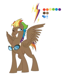 Size: 900x1059 | Tagged: safe, artist:bibmob, derpibooru import, oc, oc:triple zap, unofficial characters only, pegasus, pony, color palette, goggles, male, offspring, one eye closed, parent:dumbbell, parent:rainbow dash, parents:dumbdash, simple background, solo, spread wings, stallion, transparent background