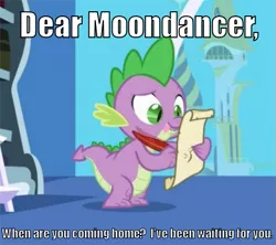 Size: 511x453 | Tagged: safe, derpibooru import, edit, edited screencap, editor:scrounge, screencap, moondancer, spike, dragon, friendship is magic, caption, exploitable meme, image macro, letter, male, meme, quill, shipping, spike's love letters, spikedancer, straight, tongue out