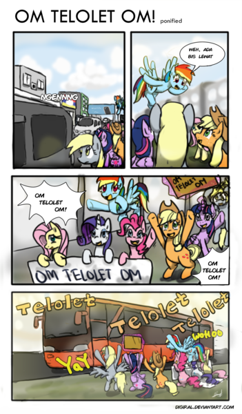 Size: 1223x2090 | Tagged: safe, artist:digiral, derpibooru import, applejack, derpy hooves, fluttershy, pinkie pie, rainbow dash, rarity, twilight sparkle, twilight sparkle (alicorn), alicorn, pony, bahasa indonesia, bus, comic, indonesia, mane six, om telolet om, sign, translated in the description