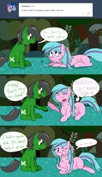 Size: 1280x2207 | Tagged: artist:hummingway, ask-humming-way, derpibooru import, dialogue, forest, oc, oc:feather hummingway, oc:swirly shells, safe, tumblr, tumblr comic, unofficial characters only