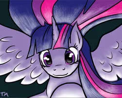 Size: 1236x994 | Tagged: safe, artist:chokuru, derpibooru import, twilight sparkle, twilight sparkle (alicorn), alicorn, pony, cute, daaaaaaaaaaaw, flying, happy, purple, smiling, solo, spread wings, twiabetes