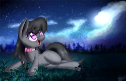 Size: 2550x1650 | Tagged: safe, artist:kawaiipony2, derpibooru import, octavia melody, earth pony, pony, bowtie, cloud, cloudy, colored pupils, cute, female, looking up, lying down, mare, night, night sky, open mouth, side, signature, smiling, solo, stars, tavibetes, wallpaper