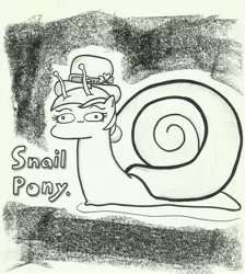 Size: 2090x2334 | Tagged: artist:potatobug, clover, derpibooru import, four leaf clover, hat, monochrome, not salmon, oc, oc:lucky joey, original species, safe, shell, snail, snail pony, solo, traditional art, unofficial characters only, wat