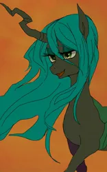 Size: 1080x1732 | Tagged: safe, artist:xkaix2501, derpibooru import, queen chrysalis, changeling, changeling queen, cute, cutealis, female, flowing mane, image, jpeg, orange background, pixiv, simple background, smiling, solo, younger