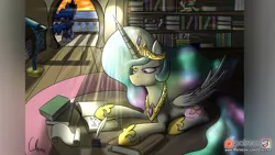 Size: 1920x1080 | Tagged: safe, artist:calena, derpibooru import, princess celestia, princess luna, oc, oc:trinity deblanc, alicorn, pony, unicorn, book, bookshelf, carpet, cloud, drawer, feather, gold, horizon, horn, ink, magic, parapet, patreon, patreon logo, scroll, serious, serious face, shadow, signature, sky, sunbutt, telescope, thinking, wooden floor