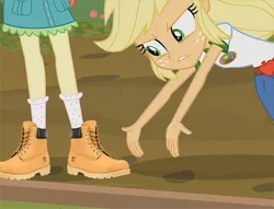 Size: 600x458 | Tagged: safe, derpibooru import, edit, edited screencap, screencap, applejack, fluttershy, equestria girls, legend of everfree, clothes, dissapointed jewish grandparent applejack, meme, shoes, timberland boots, what are thoooose