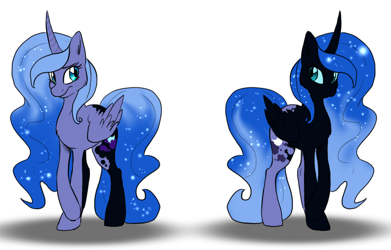 Size: 1600x1024 | Tagged: safe, artist:not-ordinary-pony, derpibooru import, nightmare moon, princess luna, alicorn, pony, corrupted, curved horn, duality, duo, duo female, female, missing accessory, nightmare luna, s1 luna, shadow, simple background, white background