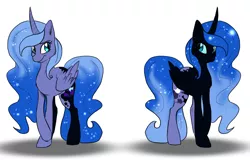 Size: 1600x1024 | Tagged: safe, artist:not-ordinary-pony, derpibooru import, nightmare moon, princess luna, alicorn, pony, corrupted, curved horn, duality, duo, duo female, female, missing accessory, nightmare luna, s1 luna, shadow, simple background, white background
