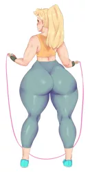 Size: 949x1811 | Tagged: applebucking thighs, applebutt, applejack, artist:sundown, back, clothes, derpibooru import, extra thicc, female, huge butt, human, humanized, impossibly large butt, jacqueline applebuck, jump rope, large butt, pants, ponytail, solo, solo female, suggestive, sweat, sweatpants, the ass was fat, wide hips
