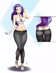 Size: 700x900 | Tagged: artist:pia-sama, ass, beautiful, belly button, bellyring, breasts, busty rarity, butt, buttcrack, cleavage, clothes, collarbone, commission, curvy, derpibooru import, eyeshadow, feet, female, full body, human, humanized, jeans, jewelry, lipstick, looking at you, makeup, midriff, necklace, one eye closed, pants, piercing, pose, rarity, rearity, sandals, sexy, smiling, solo, solo female, stupid sexy rarity, suggestive, thigh gap, wide hips, wink