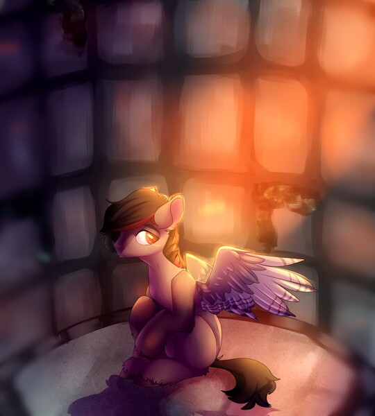 Size: 1152x1280 | Tagged: safe, artist:elvche, derpibooru import, oc, unofficial characters only, pegasus, pony, commission, dungeon, male, sad, sitting, solo, tail, wings