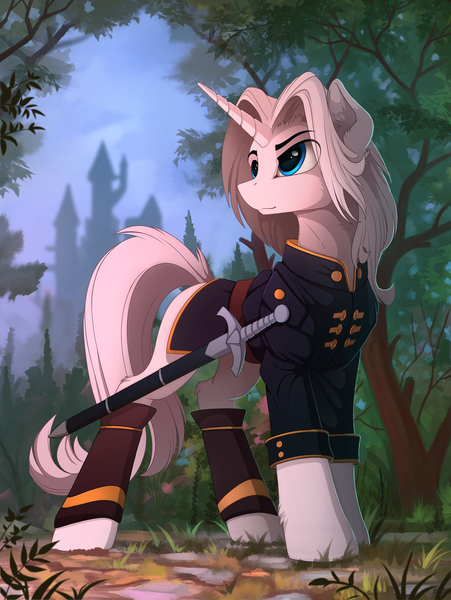 Size: 1530x2035 | Tagged: safe, artist:yakovlev-vad, derpibooru import, oc, oc:imperious, unofficial characters only, pony, unicorn, city, clothes, colored sketch, ear fluff, fluffy, male, patreon reward, scenery, solo, stallion, sword, uniform, weapon