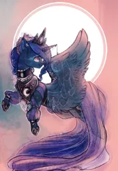 Size: 2266x3277 | Tagged: artist:segraece, clothes, crown, derpibooru import, dress, flying, full moon, head turn, jewelry, looking back, moon, princess luna, raised hoof, regalia, safe, smiling, solo, spread wings