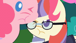 Size: 400x225 | Tagged: safe, derpibooru import, edit, moondancer, pinkie pie, pony, :t, animated, clothes, cropped, cute, dancerbetes, diapinkes, fast, female, frown, gif, glare, glasses, mare, nuzzling, one eye closed, rubbing, speed up, squishy cheeks, sweater, wink
