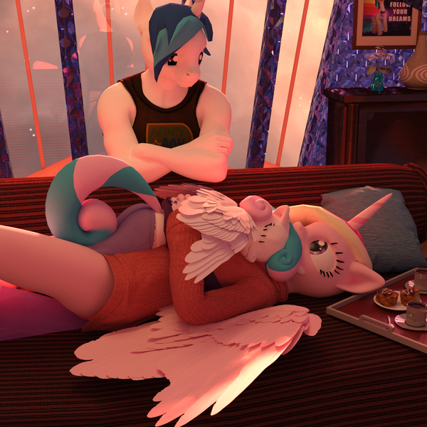 Size: 1800x1800 | Tagged: safe, artist:tahublade7, derpibooru import, princess cadance, princess flurry heart, shining armor, anthro, plantigrade anthro, 3d, clothes, coffee, couch, crossed arms, cuddling, cute, daz studio, eyes closed, family, flurrybetes, image, midriff, older, pajamas, panties, png, sleeping, snuggling, sweater, the burdened, tray, underwear