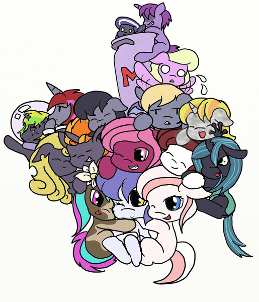 Size: 1372x1599 | Tagged: safe, artist:manifest harmony, derpibooru import, octavia melody, queen chrysalis, oc, oc:chosen heart, oc:cosmic colours, oc:dusk whisper, oc:eva everhigh, oc:indigo surprise, oc:ion collider, oc:manifest harmony, oc:midnight munch, oc:mind quill, oc:scarlet radiance, oc:seypiey oulomenohn, oc:shadowed ember, oc:snowy haze, bat pony, changeling, changeling queen, earth pony, nymph, pony, unicorn, bat pony oc, changeling oc, chibi, cuddle puddle, cuddling, cute, cutealis, female, flailing, hug, male, mare, milk jug, pony pile, simple background, snuggling, space helmet, stallion, sweat, sweatdrop, tavibetes, white background, yellow changeling