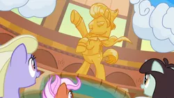 Size: 1280x720 | Tagged: safe, derpibooru import, screencap, fiery fricket, gladmane, sprout greenhoof, sweet buzz, earth pony, pegasus, pony, unicorn, viva las pegasus, background pony, dramatic, female, fountain, gold, happy, hotel, las pegasus resident, male, mare, rearing, stallion, statue