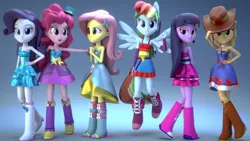 Size: 3840x2160 | Tagged: safe, artist:efk-san, derpibooru import, applejack, fluttershy, pinkie pie, rainbow dash, rarity, twilight sparkle, equestria girls, 3d, bedroom eyes, boots, bracelet, clothes, cowboy boots, dress, fall formal outfits, floating, freckles, hat, hat tip, high heel boots, high res, humane five, humane six, jewelry, looking at you, mane six, open mouth, ponied up, raised leg, skirt, sleeveless, smiling, strapless, top hat, twilight ball dress