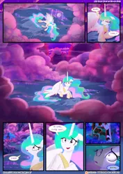 Size: 3500x4950 | Tagged: safe, artist:light262, artist:lummh, derpibooru import, nightmare moon, princess celestia, queen chrysalis, pony, comic:timey wimey, absurd resolution, cloud, color porn, comic, dialogue, eyes closed, full moon, implied princess luna, jewelry, knocked out, lidded eyes, long mane, long tail, mare in the moon, missing accessory, moon, mountain, necklace, oh crap face, open mouth, out cold, patreon, patreon logo, prone, puddle, reflection, scared, shadow, smiling, unconscious, waking up, wide eyes