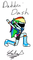 Size: 720x1280 | Tagged: safe, derpibooru import, rainbow dash, equestria girls, bike shorts, clothes, dab, drawing, hilarious in hindsight, kneeling, shorts, simple background, skirt, solo, sunglasses, text, white background